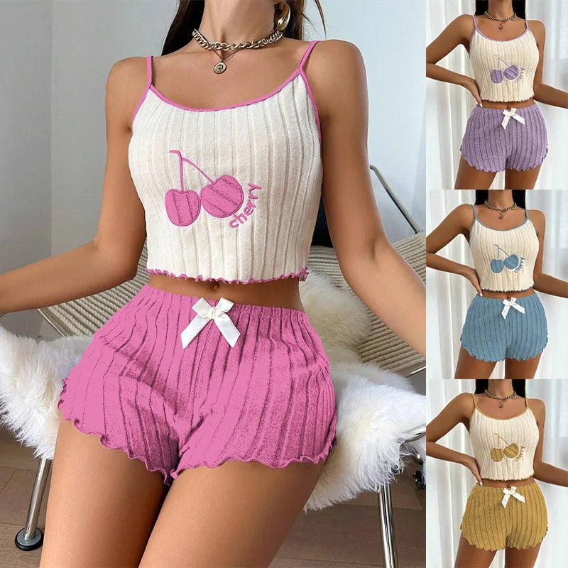 Women's Cherry Ribbed Cami Pajama Set — Ruffle Shorts Loungewear