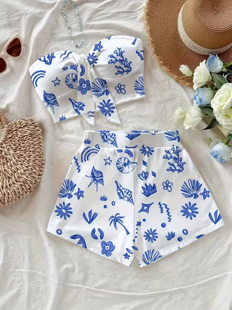 Women's summer casual beach style twisted front top and shorts two-piece set