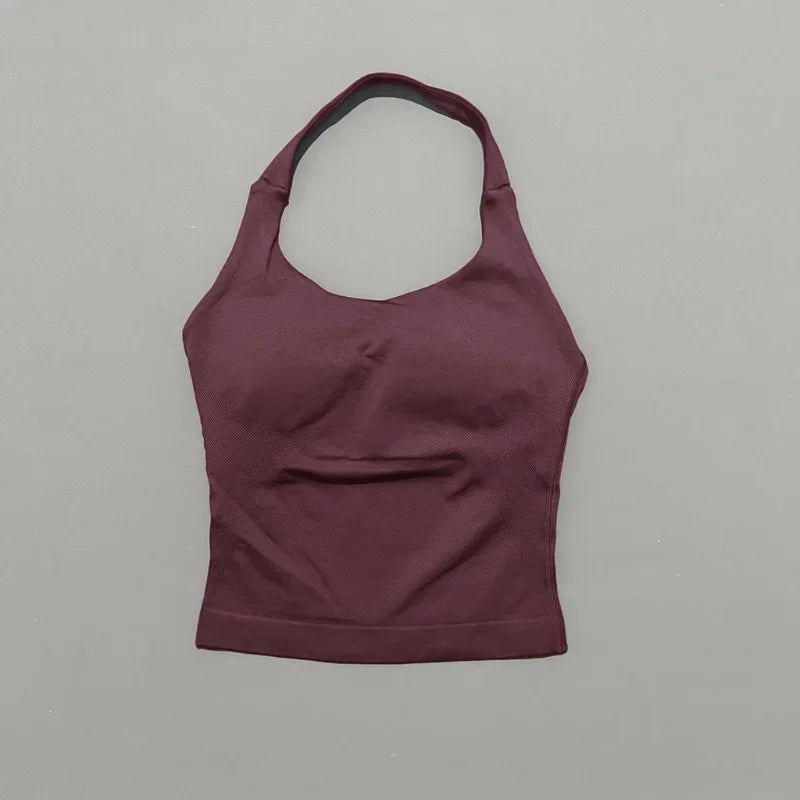 Seamless Longline Strappy Sports Tank — Halter Neck Ruched Backless Activewear Top