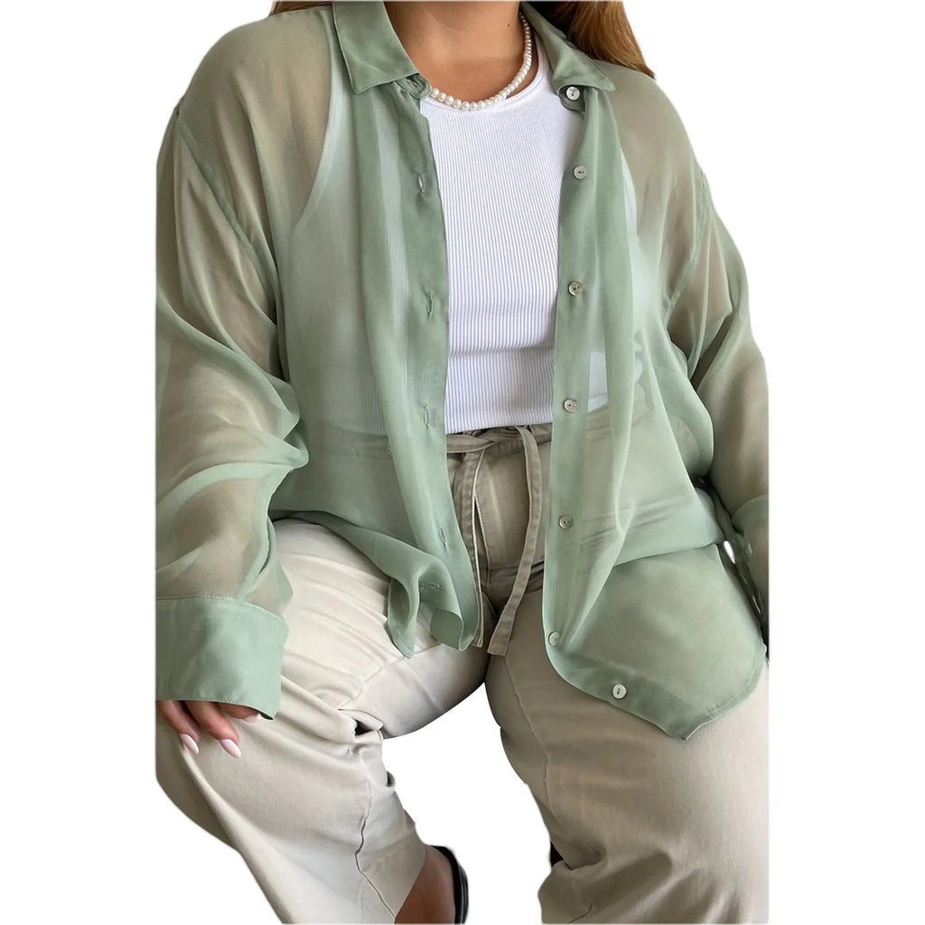Women's See-Through Chiffon Shirt — Lapel Long Sleeve Button-Up Top