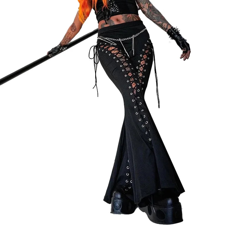 Goth Streetwear Black Bandage Hollow Out Flare Pant