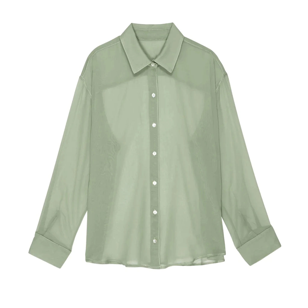 Women's See-Through Chiffon Shirt — Lapel Long Sleeve Button-Up Top