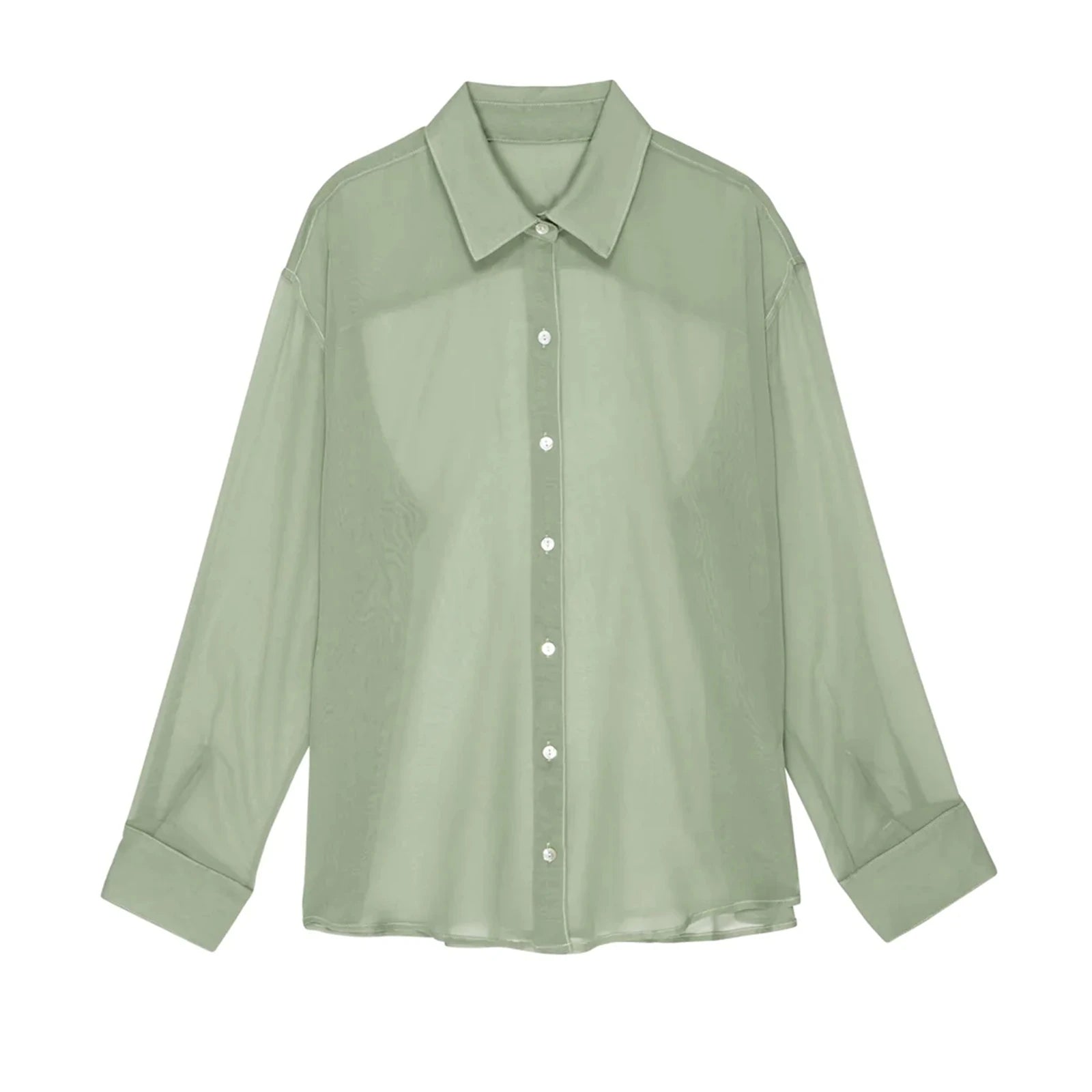 Women's See-Through Chiffon Shirt — Lapel Long Sleeve Button-Up Top