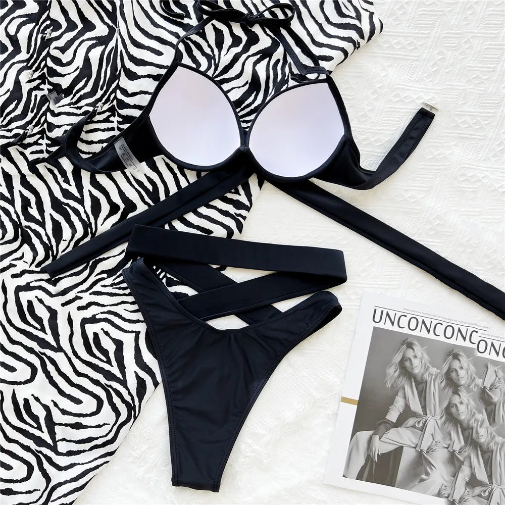 High Waisted Bandage Halter Bikini Set
