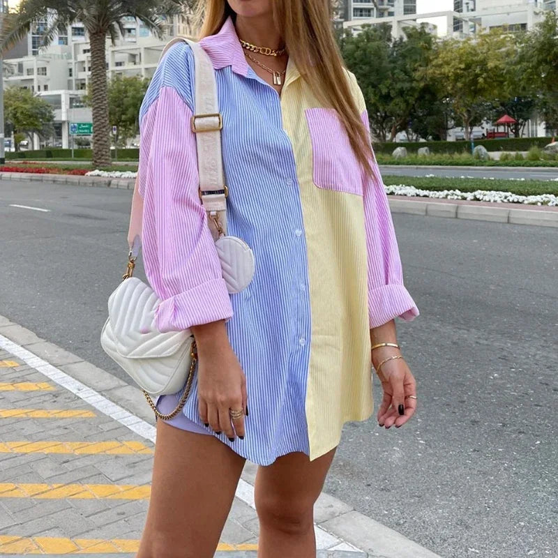 Women's Colorblock Striped Tunic Shirt — Long Sleeve Button-Up Top