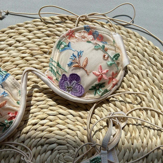 Stylish Women's Bikini High Waist Embroidery Backless Swimwear