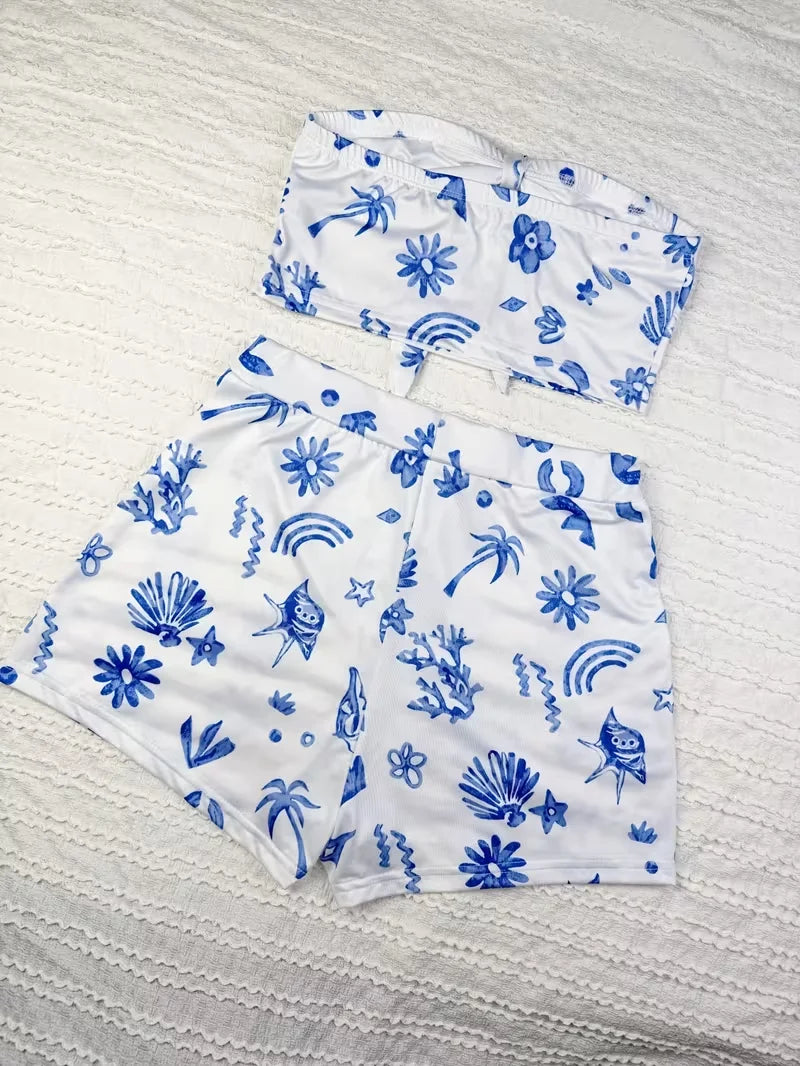 Women's summer casual beach style twisted front top and shorts two-piece set