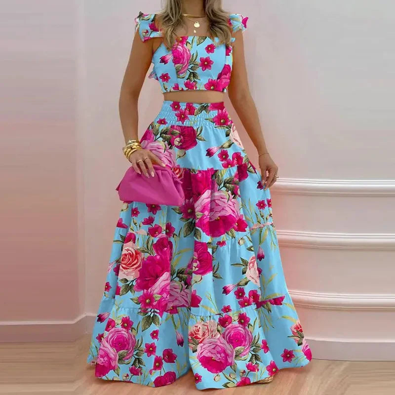 Women's Strapless Crop Top & Ruffle Maxi Skirt Two-Piece Set