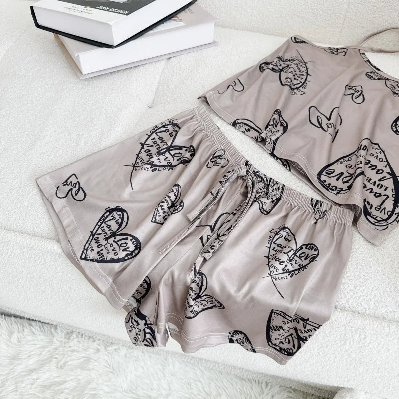 Women Casual Sleepwear Silk Top and Shorts Sets