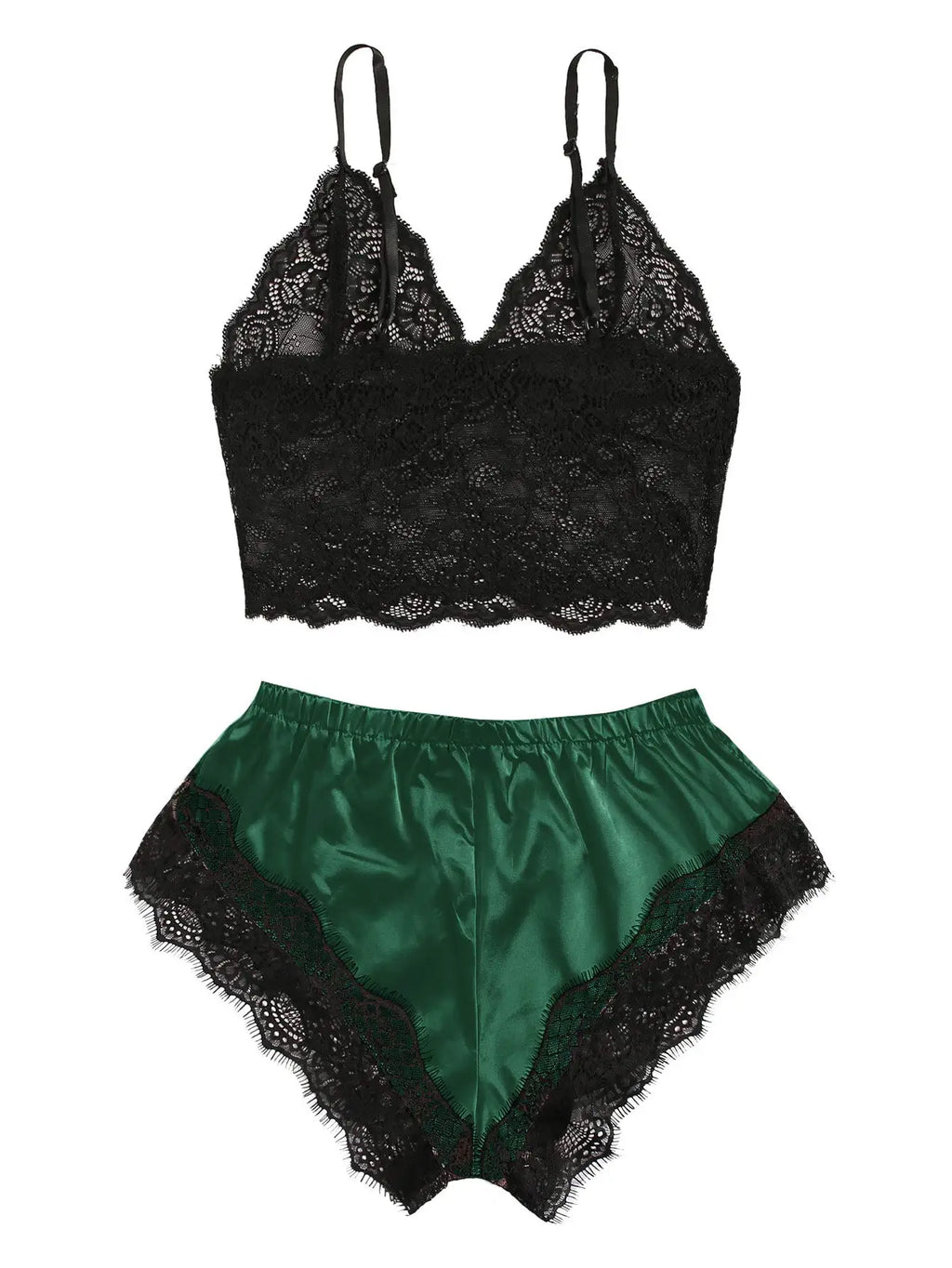 Women's Satin Lace Pajama Set — Cami Top & Shorts (Plus Size L–2XL)