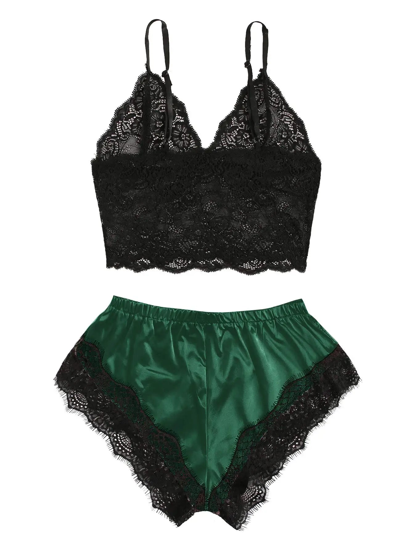 Women's Satin Lace Pajama Set — Cami Top & Shorts (Plus Size L–2XL)