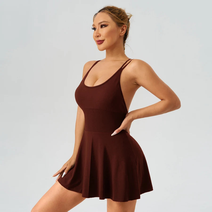 Seamless Spaghetti Strap Tennis Dress with Built-In Shorts — Slim Fit Sporty Mini