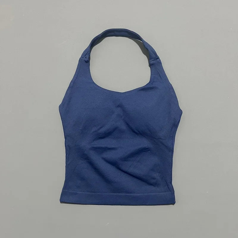 Seamless Longline Strappy Sports Tank — Halter Neck Ruched Backless Activewear Top