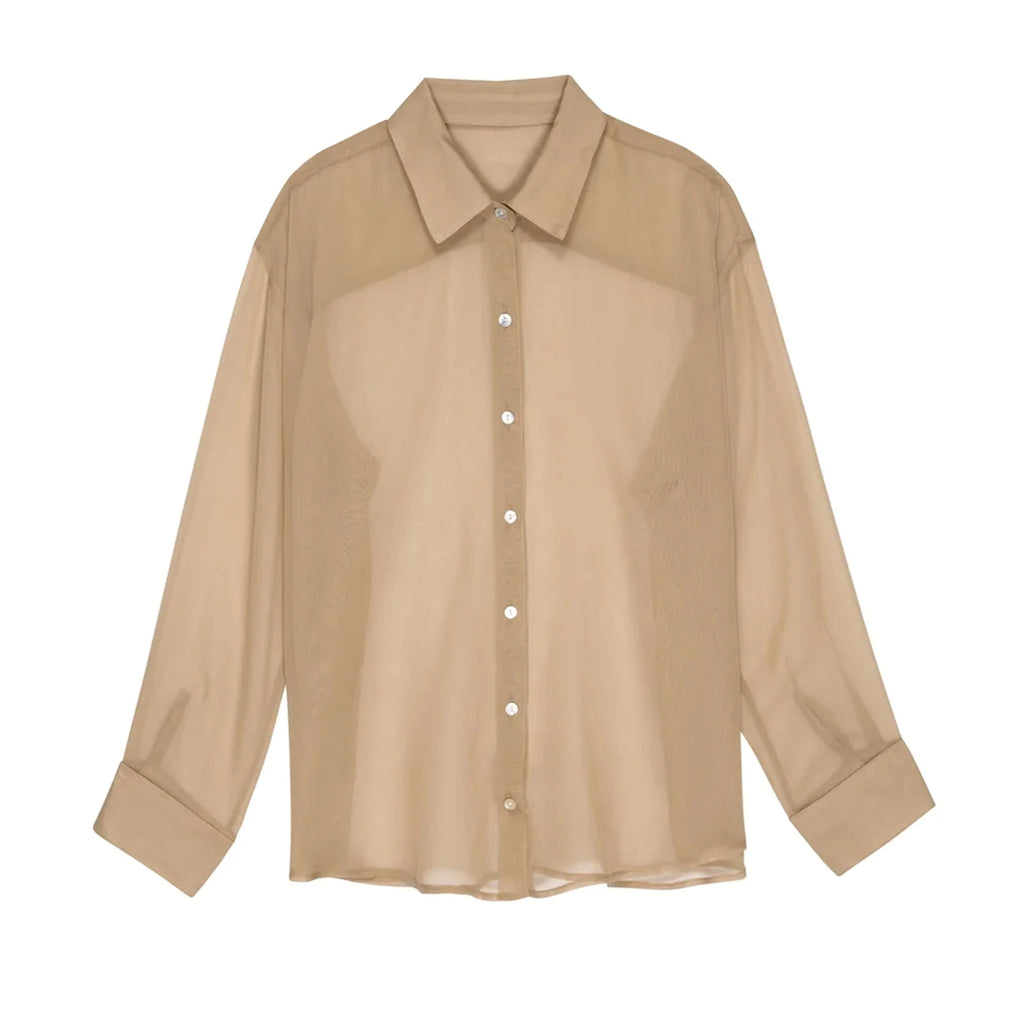 Women's See-Through Chiffon Shirt — Lapel Long Sleeve Button-Up Top