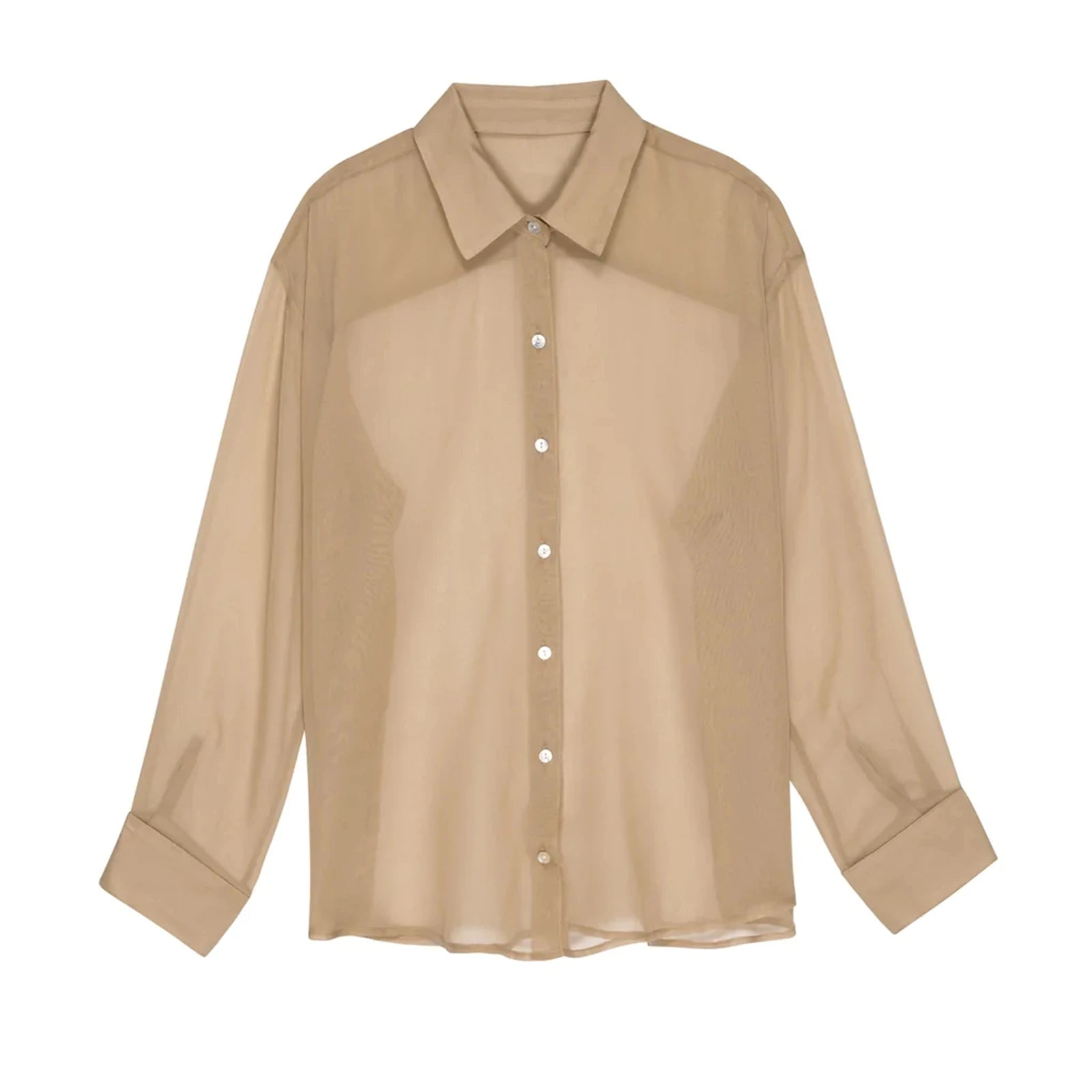 Women's See-Through Chiffon Shirt — Lapel Long Sleeve Button-Up Top