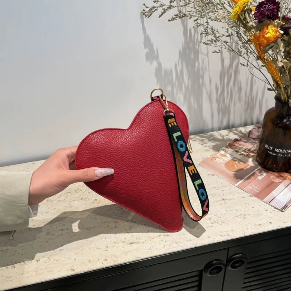 Women's PU Wrist Clutch Wallet — Heart-Shaped Zipper Coin Purse