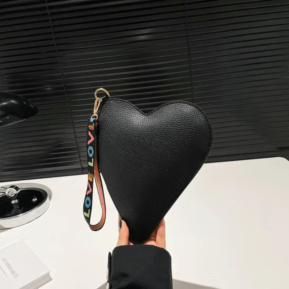 Women's PU Wrist Clutch Wallet — Heart-Shaped Zipper Coin Purse