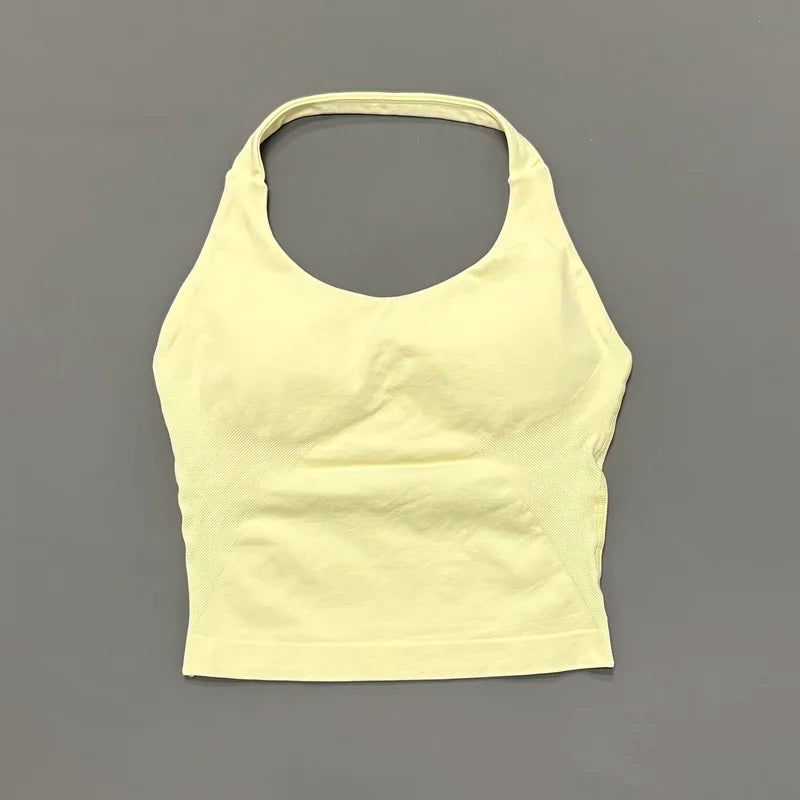 Seamless Longline Strappy Sports Tank — Halter Neck Ruched Backless Activewear Top