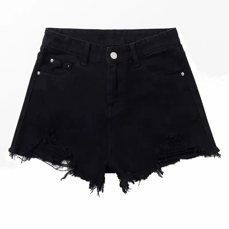 Women's High-Waist Ripped Denim Shorts with Embroidery Detail