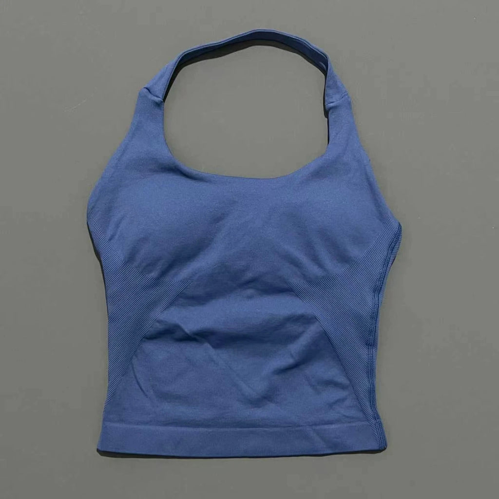 Seamless Longline Strappy Sports Tank — Halter Neck Ruched Backless Activewear Top