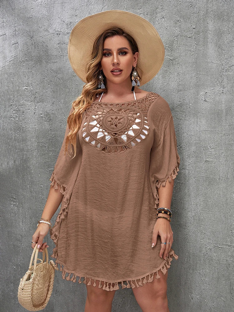 Women's Plus Size Hollow-Out Beach Cover-Up Dress — Loose Vacation Beachwear