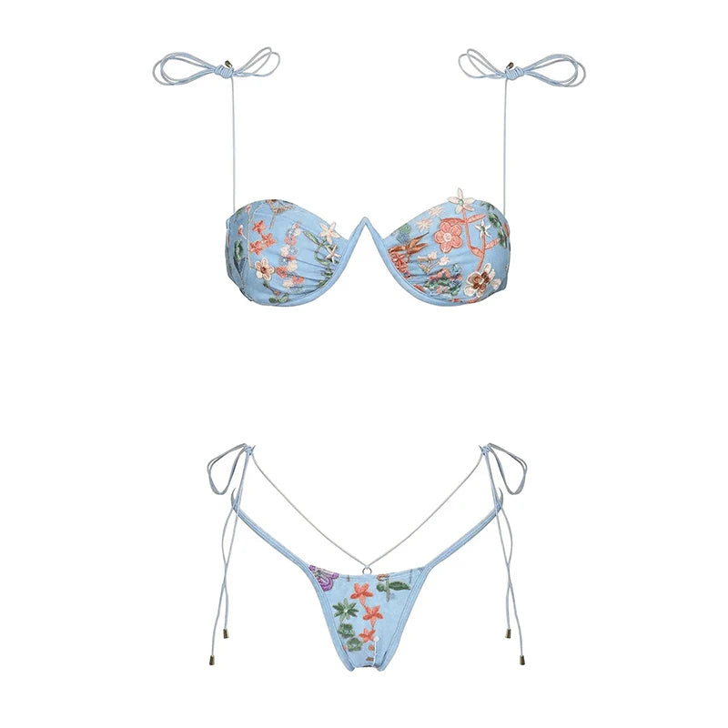 Stylish Women's Bikini High Waist Embroidery Backless Swimwear