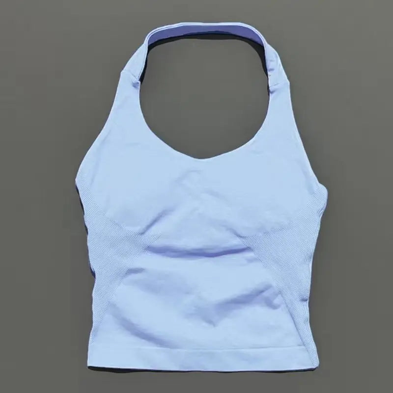 Seamless Longline Strappy Sports Tank — Halter Neck Ruched Backless Activewear Top