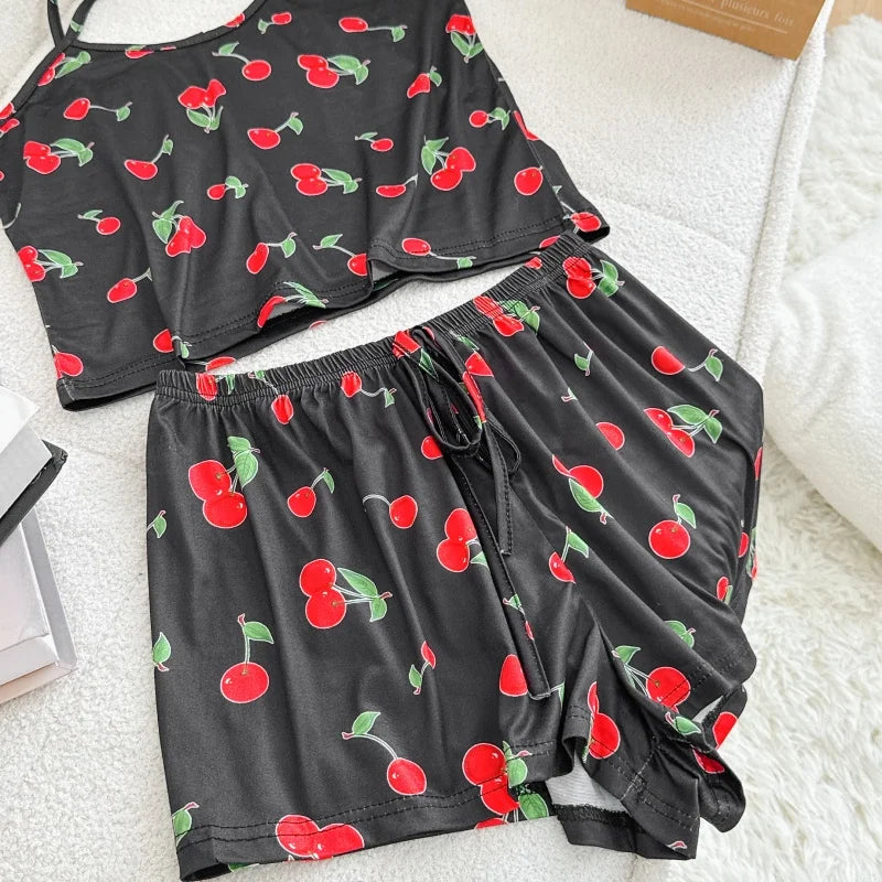 Women Casual Sleepwear Silk Top and Shorts Sets