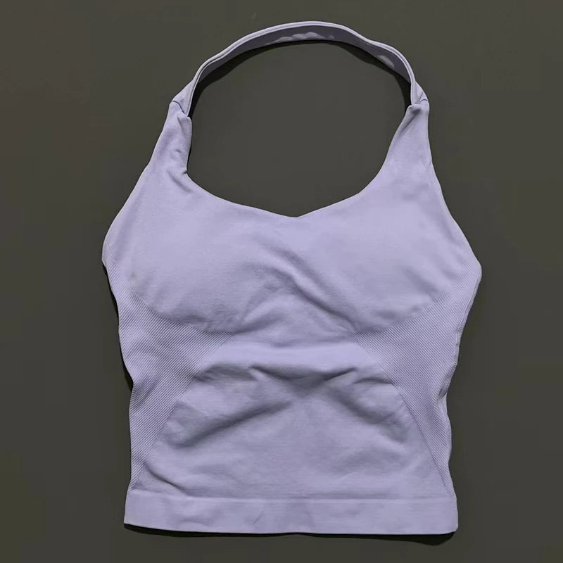 Seamless Longline Strappy Sports Tank — Halter Neck Ruched Backless Activewear Top