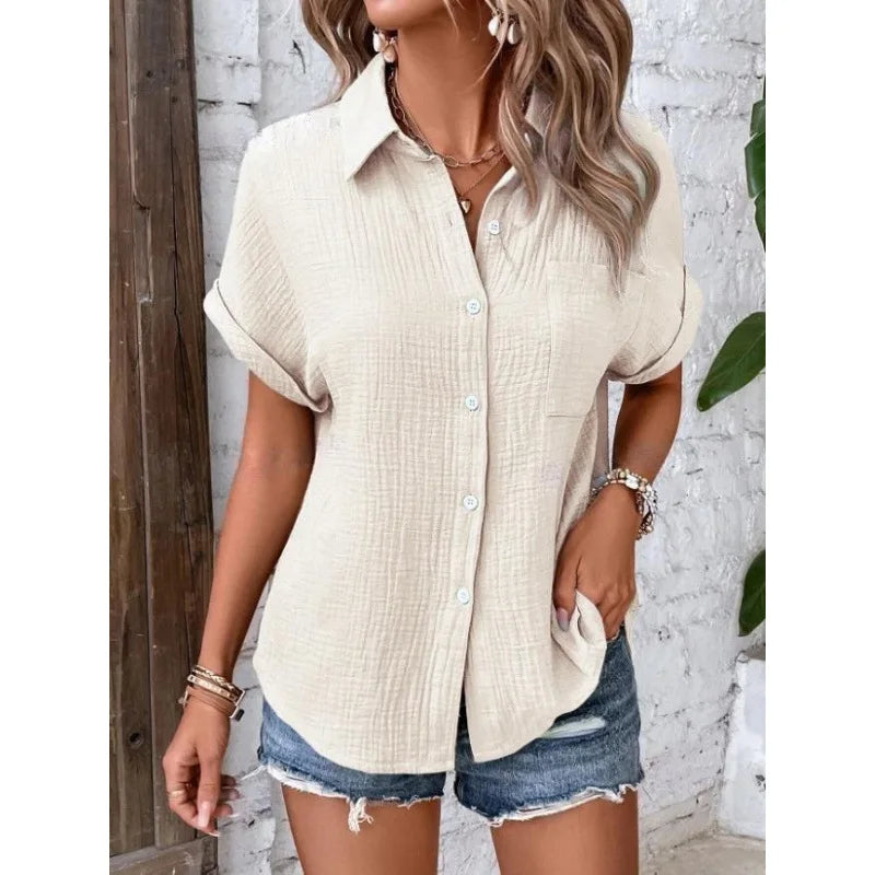 Women's Casual Cotton Blouse — Short Sleeve Button-Down Shirt