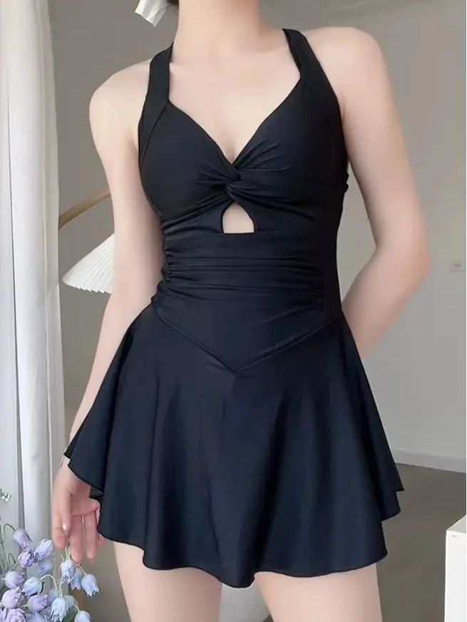 Women Solid Color Slimming One-piece Tightening Swimsuit Dress