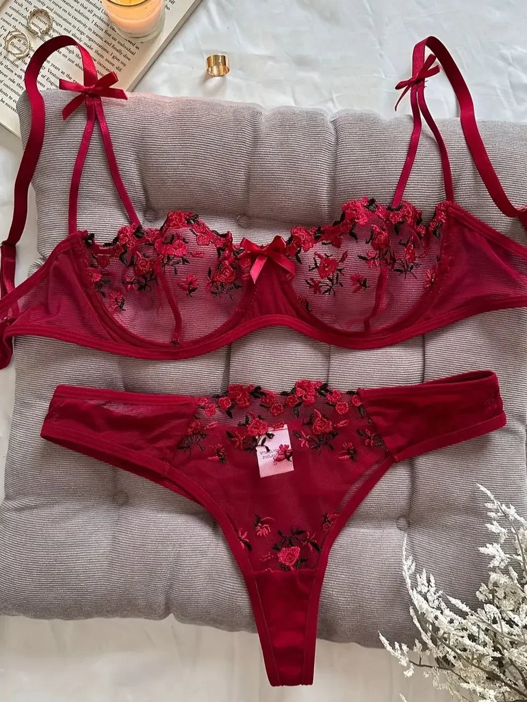 Floral Embroidery Lingerie Set | Women's 2-Piece Underwire Bra & Underwear