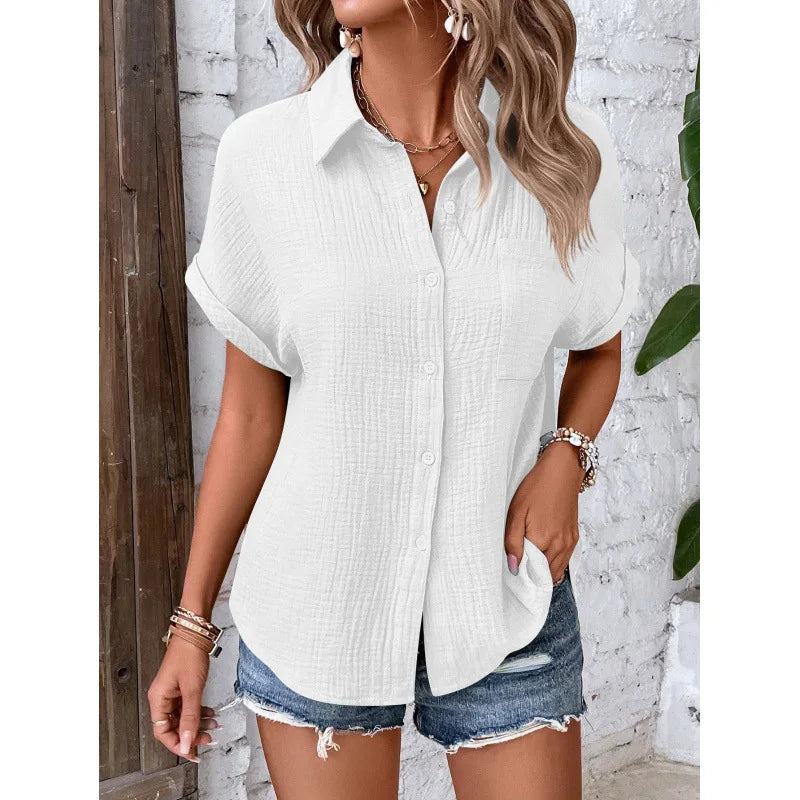 Women's Casual Cotton Blouse — Short Sleeve Button-Down Shirt