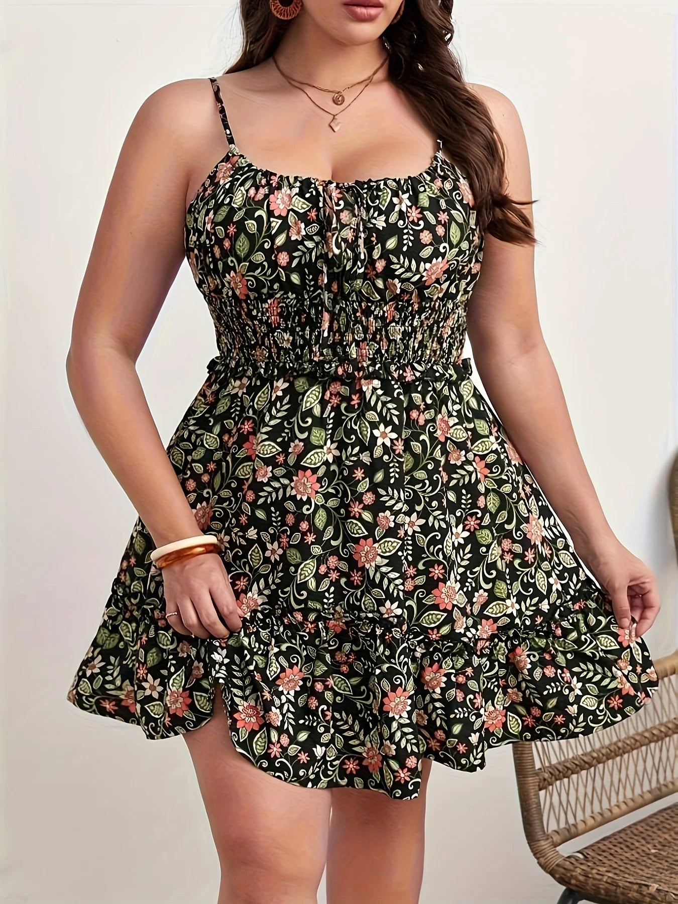 Women's Plus Size Floral Ruffle Sling Dress — Sleeveless Summer Midi