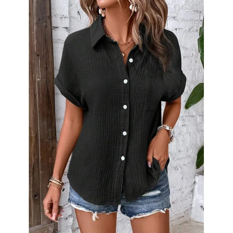 Women's Casual Cotton Blouse — Short Sleeve Button-Down Shirt