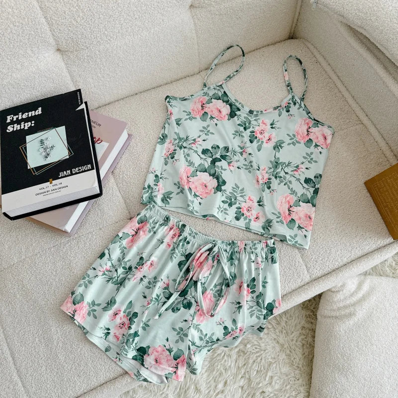 Women Casual Sleepwear Silk Top and Shorts Sets