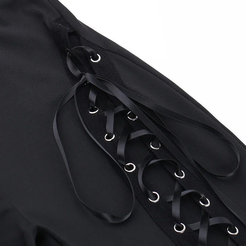 Goth Streetwear Black Bandage Hollow Out Flare Pant