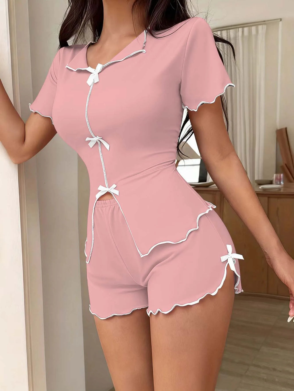 Women's Bow Pajama Set — Short Sleeve Top & Shorts