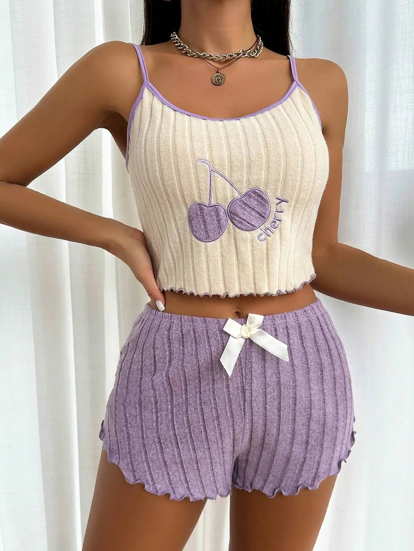 Women's Cherry Ribbed Cami Pajama Set — Ruffle Shorts Loungewear