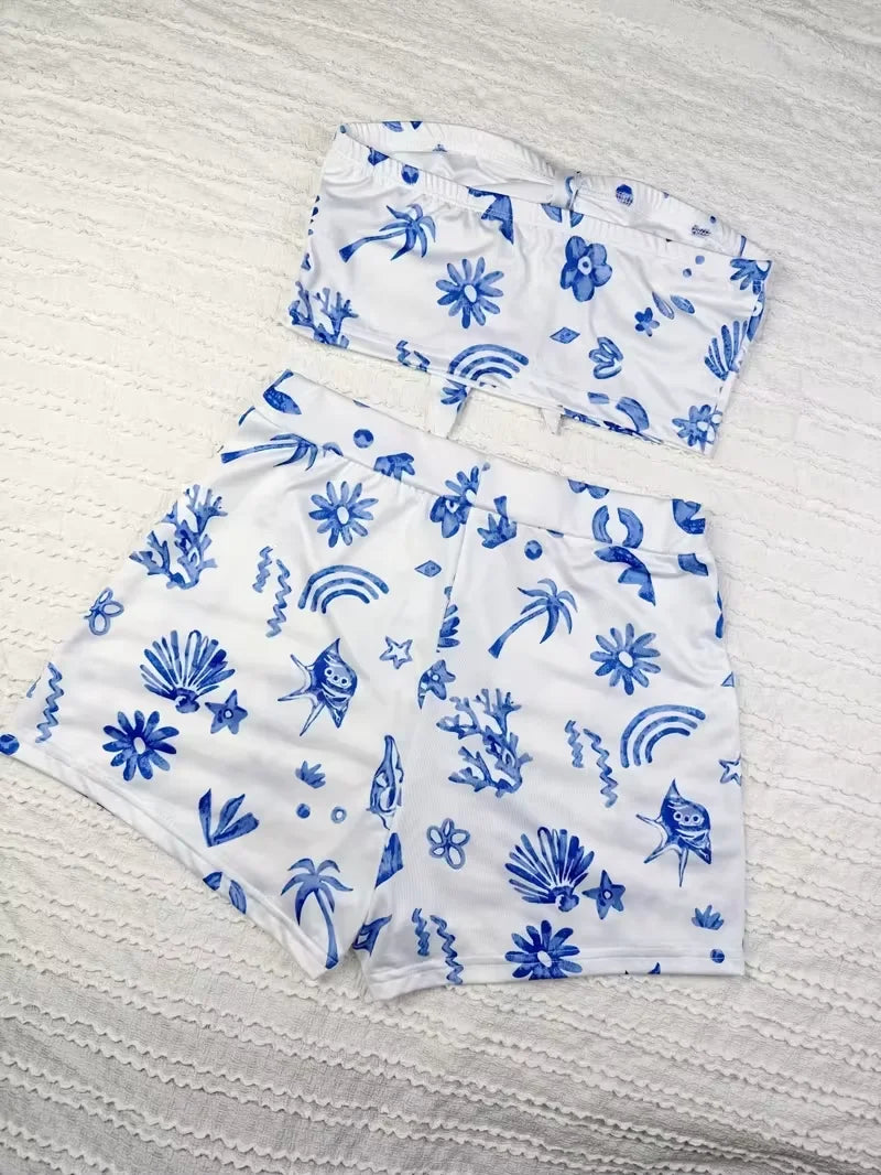 Women's summer casual beach style twisted front top and shorts two-piece set