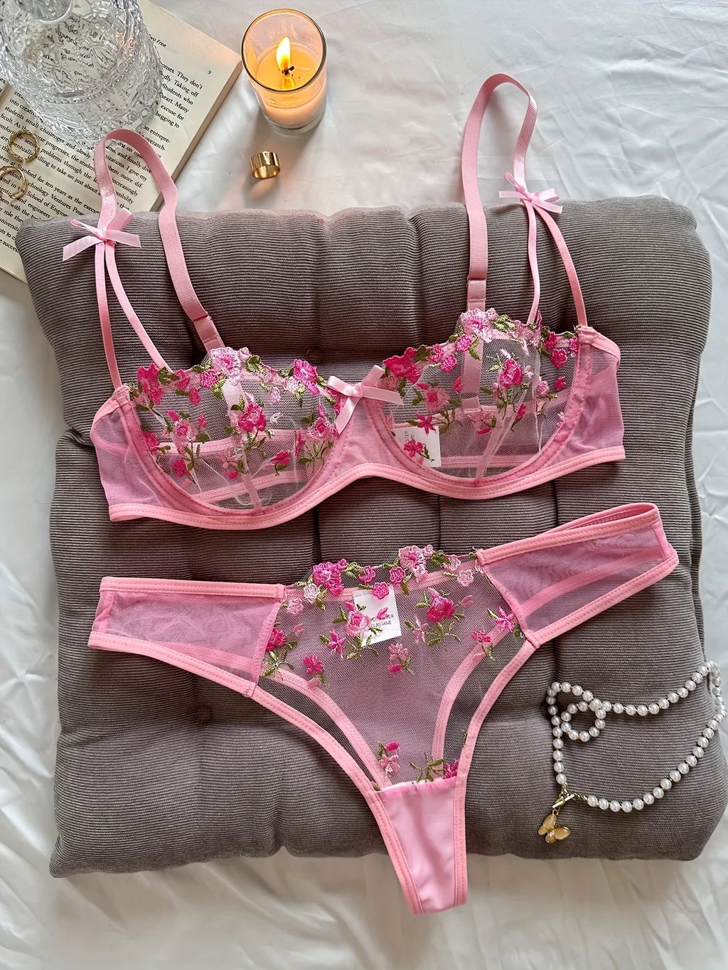 Floral Embroidery Lingerie Set | Women's 2-Piece Underwire Bra & Underwear
