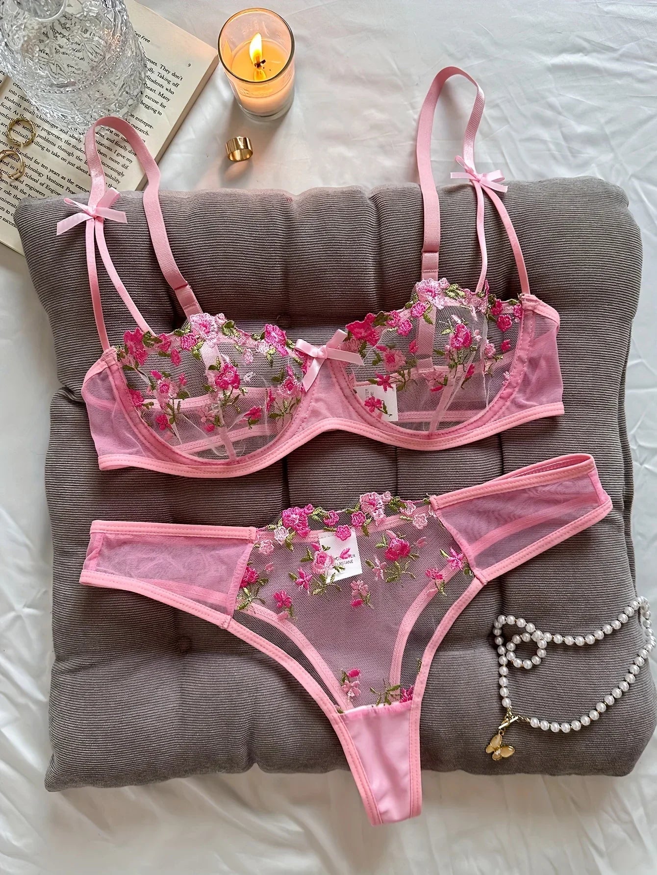 Floral Embroidery Lingerie Set | Women's 2-Piece Underwire Bra & Underwear