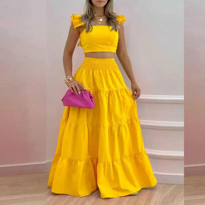 Women's Strapless Crop Top & Ruffle Maxi Skirt Two-Piece Set
