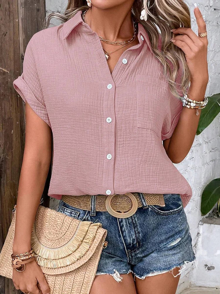 Women's Casual Cotton Blouse — Short Sleeve Button-Down Shirt