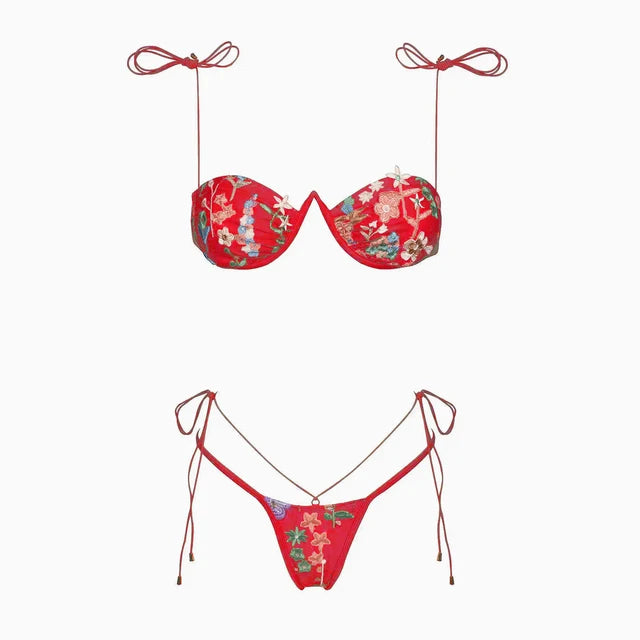 Stylish Women's Bikini High Waist Embroidery Backless Swimwear