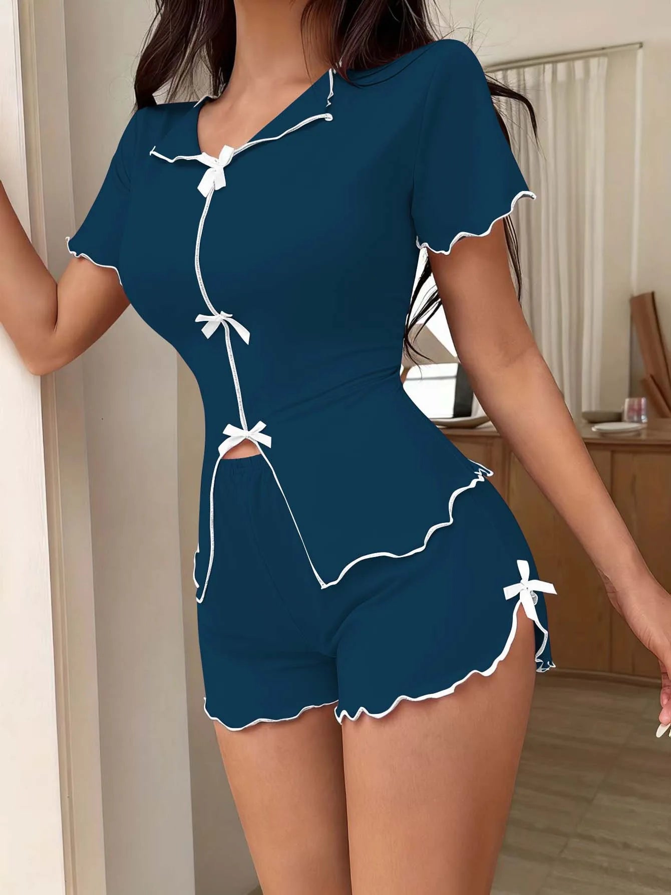Women's Bow Pajama Set — Short Sleeve Top & Shorts