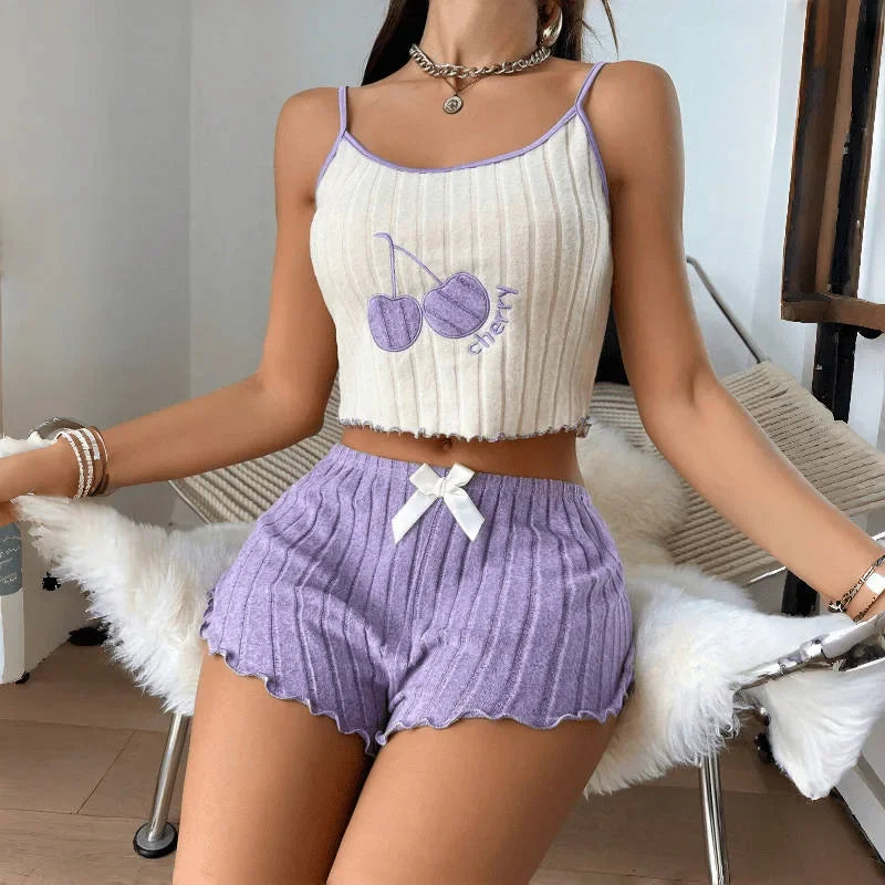 Women's Cherry Ribbed Cami Pajama Set — Ruffle Shorts Loungewear