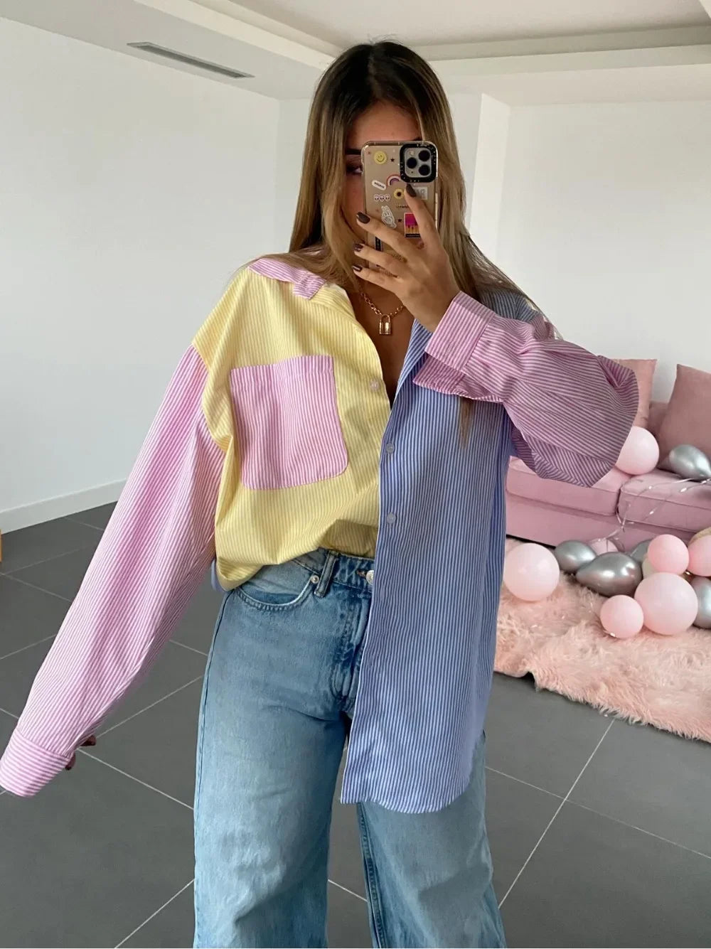 Women's Colorblock Striped Tunic Shirt — Long Sleeve Button-Up Top