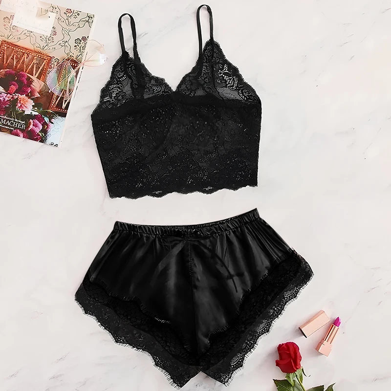 Women's Satin Lace Pajama Set — Cami Top & Shorts (Plus Size L–2XL)