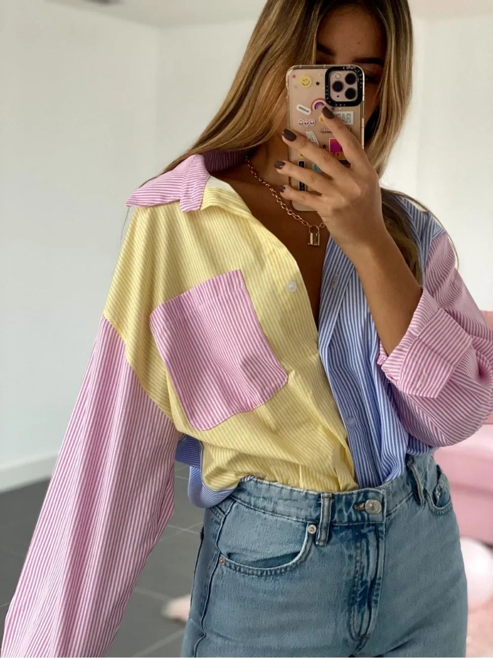Women's Colorblock Striped Tunic Shirt — Long Sleeve Button-Up Top